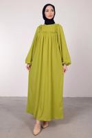 Tesettür giyim YEŞİL GENİŞ KOL FIRFIR DETAYLI ELBİSE T 7885