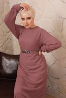 Tesettür giyim PUDRA BELİ ZİNCİR DETAYLI MANŞETLERİ LASTİKLİ ELBİSE T 7892