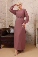 Tesettür giyim PUDRA BELİ ZİNCİR DETAYLI MANŞETLERİ LASTİKLİ ELBİSE T 7892