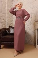 Tesettür giyim PUDRA BELİ ZİNCİR DETAYLI MANŞETLERİ LASTİKLİ ELBİSE T 7892