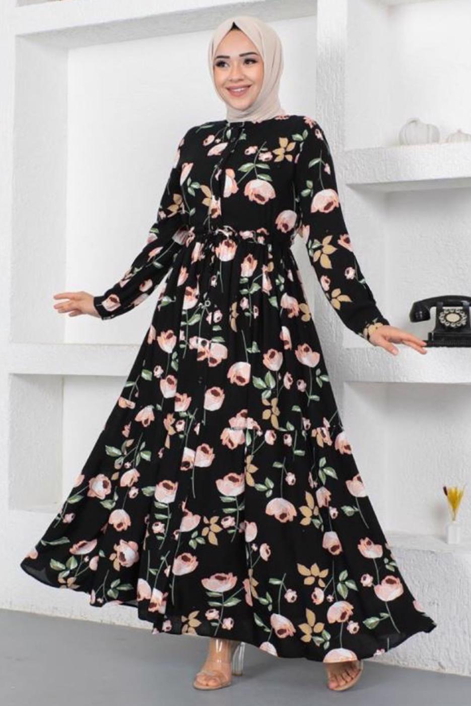 Tesettür giyim SİYAH ÇİÇEK DESENLİ DÜĞMELİ ELBİSE T 7922