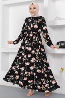 Tesettür giyim SİYAH ÇİÇEK DESENLİ DÜĞMELİ ELBİSE T 7922