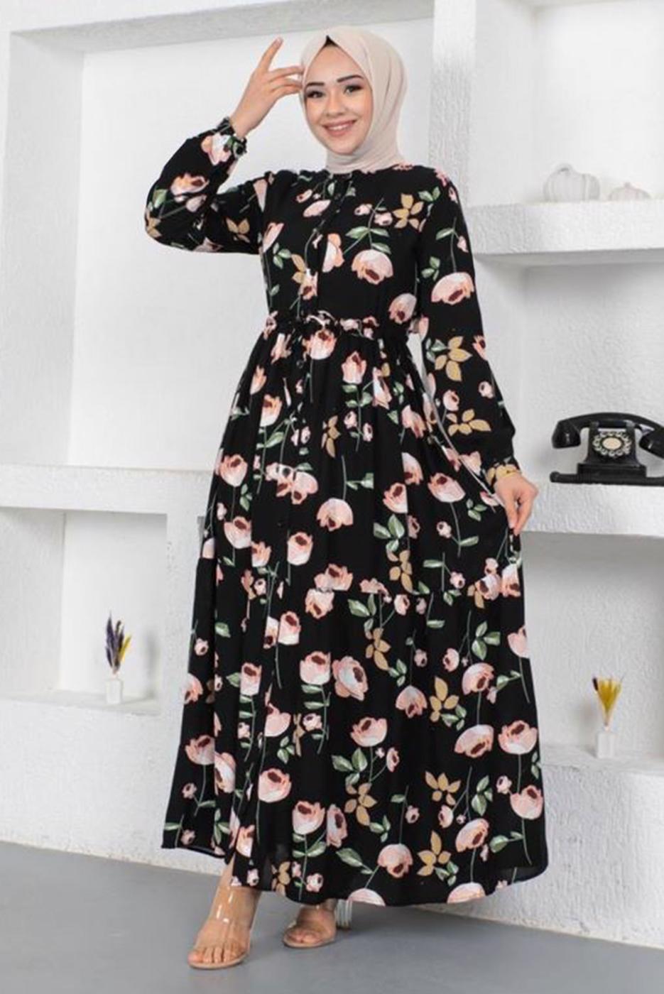 Tesettür giyim SİYAH ÇİÇEK DESENLİ DÜĞMELİ ELBİSE T 7922