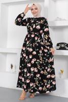 Tesettür giyim SİYAH ÇİÇEK DESENLİ DÜĞMELİ ELBİSE T 7922