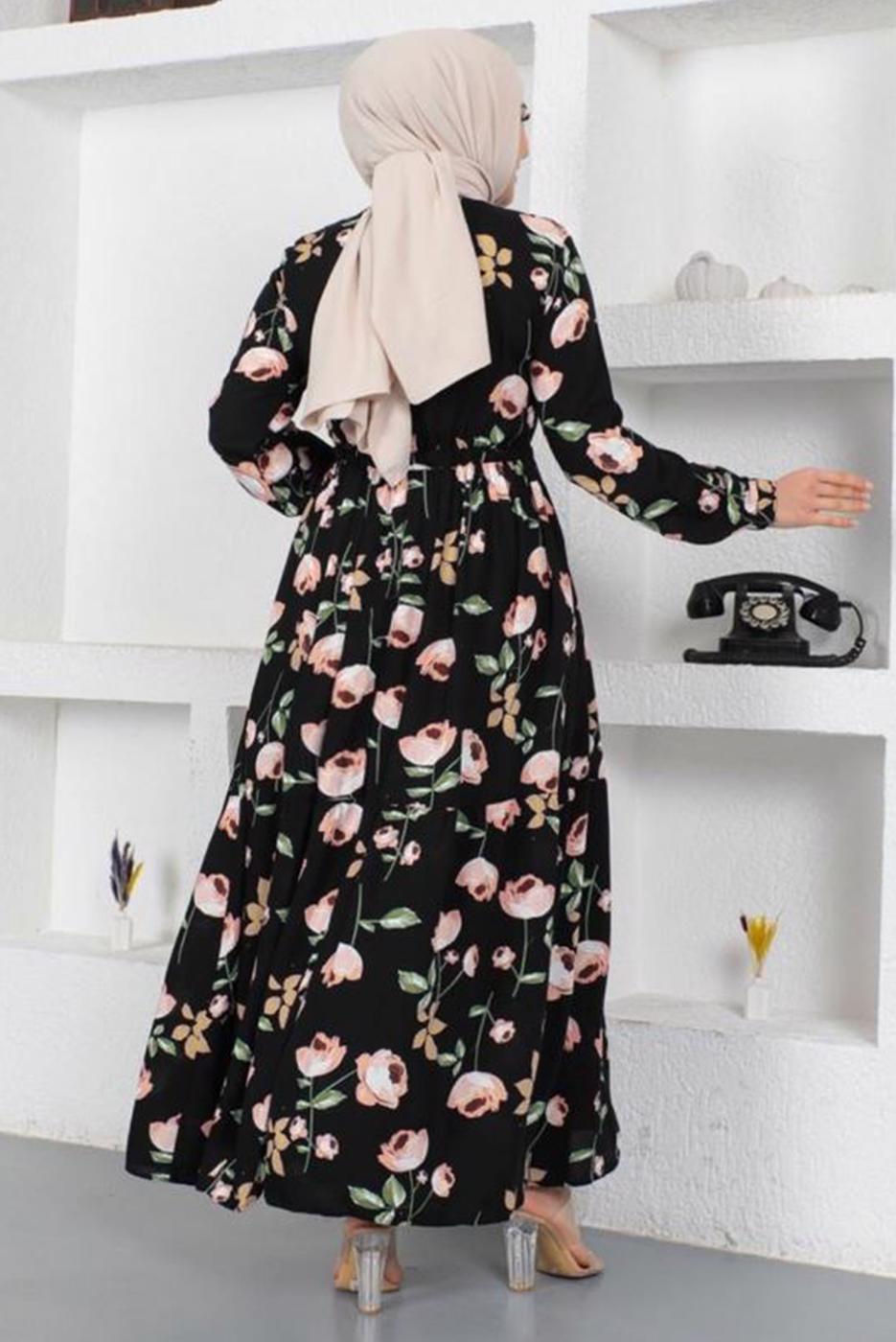 Tesettür giyim SİYAH ÇİÇEK DESENLİ DÜĞMELİ ELBİSE T 7922