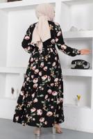 Tesettür giyim SİYAH ÇİÇEK DESENLİ DÜĞMELİ ELBİSE T 7922