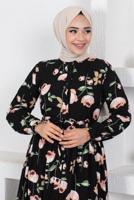 Tesettür giyim SİYAH ÇİÇEK DESENLİ DÜĞMELİ ELBİSE T 7922