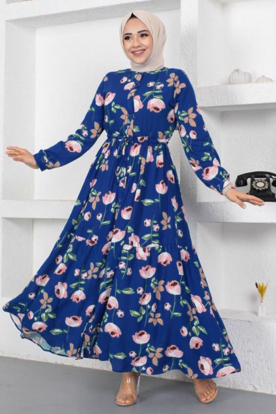 Tesettür giyim LACİVERT ÇİÇEK DESENLİ DÜĞMELİ ELBİSE T 7922
