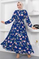Tesettür giyim LACİVERT ÇİÇEK DESENLİ DÜĞMELİ ELBİSE T 7922