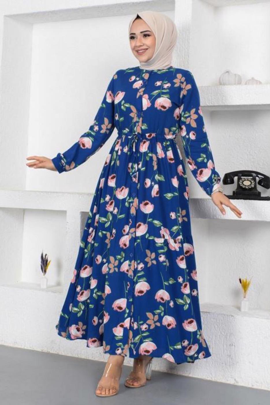 Tesettür giyim LACİVERT ÇİÇEK DESENLİ DÜĞMELİ ELBİSE T 7922