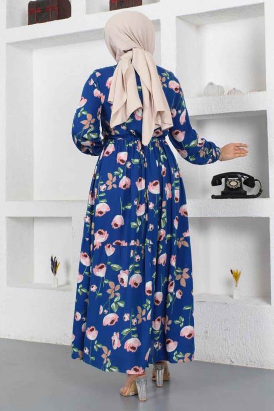 Tesettür giyim LACİVERT ÇİÇEK DESENLİ DÜĞMELİ ELBİSE T 7922