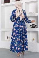 Tesettür giyim LACİVERT ÇİÇEK DESENLİ DÜĞMELİ ELBİSE T 7922
