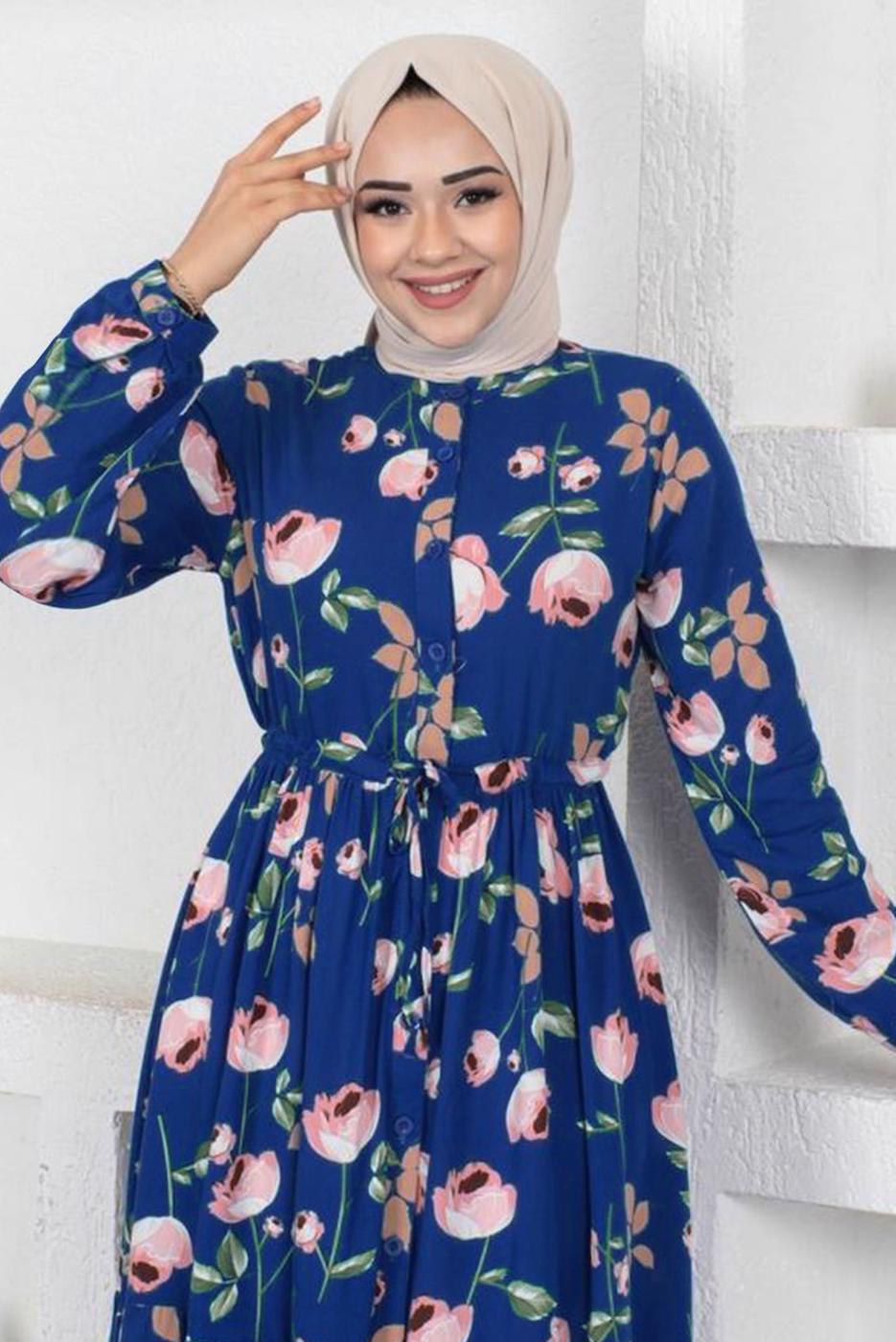 Tesettür giyim LACİVERT ÇİÇEK DESENLİ DÜĞMELİ ELBİSE T 7922