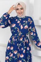 Tesettür giyim LACİVERT ÇİÇEK DESENLİ DÜĞMELİ ELBİSE T 7922