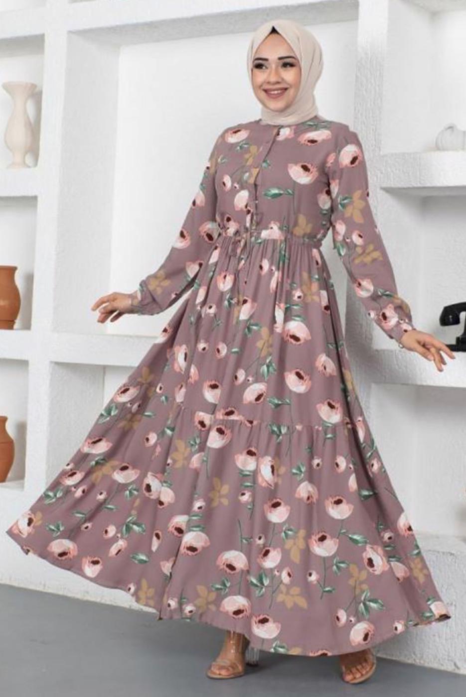 Tesettür giyim MOR ÇİÇEK DESENLİ DÜĞMELİ ELBİSE T 7922