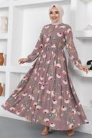 Tesettür giyim MOR ÇİÇEK DESENLİ DÜĞMELİ ELBİSE T 7922