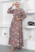 Tesettür giyim MOR ÇİÇEK DESENLİ DÜĞMELİ ELBİSE T 7922