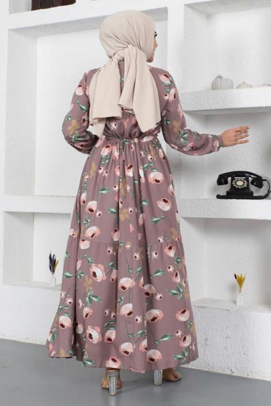 Tesettür giyim MOR ÇİÇEK DESENLİ DÜĞMELİ ELBİSE T 7922