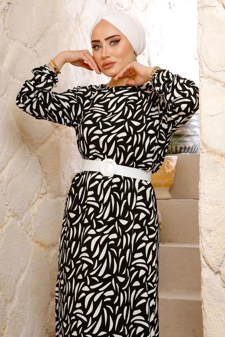 Tesettür giyim SİYAH DESENLİ KEMERLİ BÜRÜMCÜK ELBİSE T 8033