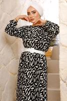 Tesettür giyim SİYAH DESENLİ KEMERLİ BÜRÜMCÜK ELBİSE T 8033