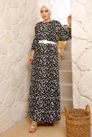 Tesettür giyim SİYAH DESENLİ KEMERLİ BÜRÜMCÜK ELBİSE T 8033