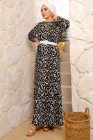 Tesettür giyim SİYAH DESENLİ KEMERLİ BÜRÜMCÜK ELBİSE T 8033