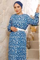 Tesettür giyim LACİVERT DESENLİ KEMERLİ BÜRÜMCÜK ELBİSE T 8033