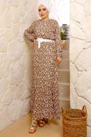 Tesettür giyim KAHVE DESENLİ KEMERLİ BÜRÜMCÜK ELBİSE T 8033