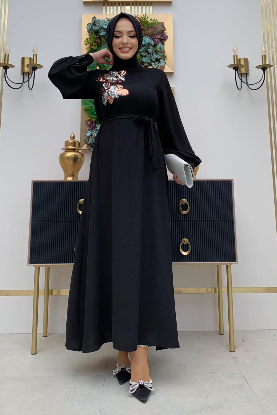 Tesettür giyim SİYAH PUL PAYET İŞLEMELİ BALON KOL ELBİSE T 8063