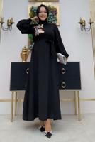 Tesettür giyim SİYAH PUL PAYET İŞLEMELİ BALON KOL ELBİSE T 8063