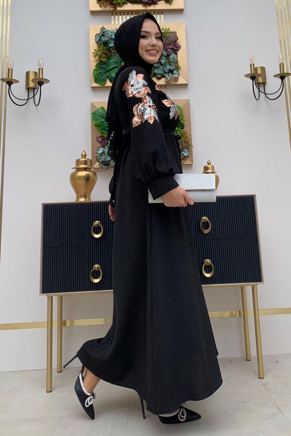 Tesettür giyim SİYAH PUL PAYET İŞLEMELİ BALON KOL ELBİSE T 8063