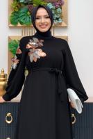 Tesettür giyim SİYAH PUL PAYET İŞLEMELİ BALON KOL ELBİSE T 8063