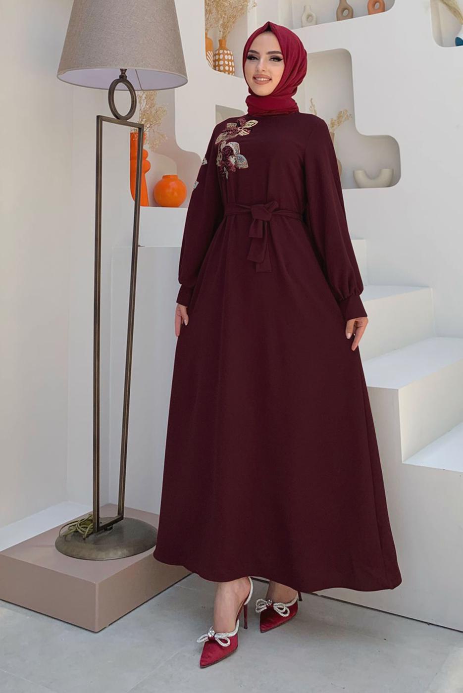 Tesettür giyim BORDO PUL PAYET İŞLEMELİ BALON KOL ELBİSE T 8063