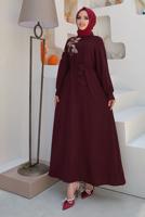 Tesettür giyim BORDO PUL PAYET İŞLEMELİ BALON KOL ELBİSE T 8063
