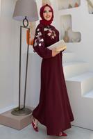 Tesettür giyim BORDO PUL PAYET İŞLEMELİ BALON KOL ELBİSE T 8063