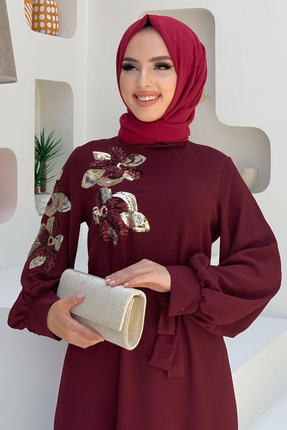 Tesettür giyim BORDO PUL PAYET İŞLEMELİ BALON KOL ELBİSE T 8063