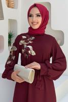 Tesettür giyim BORDO PUL PAYET İŞLEMELİ BALON KOL ELBİSE T 8063