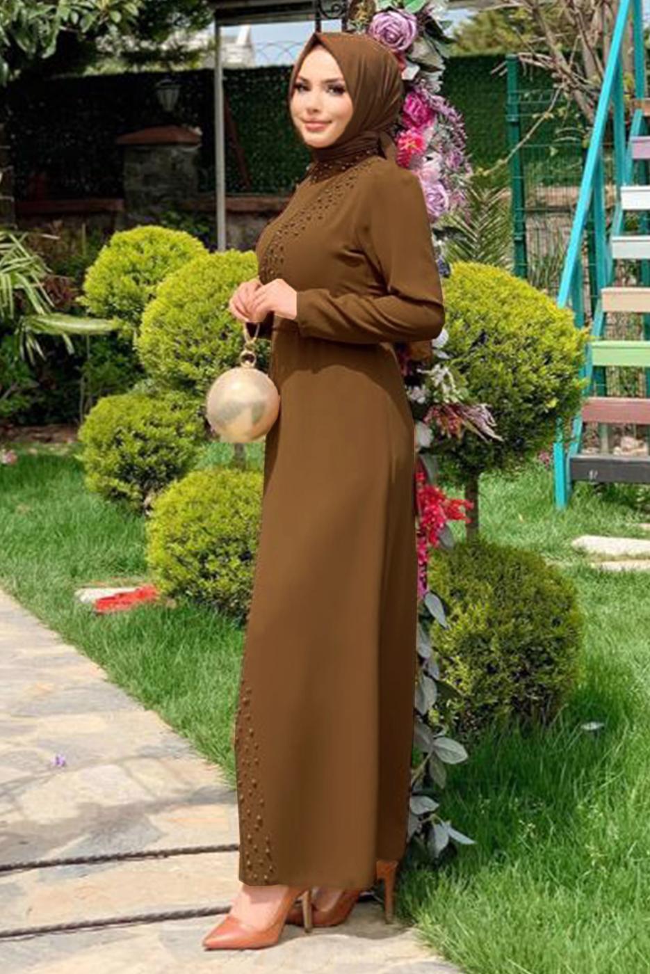 Tesettür giyim TABA İNCİ DETAYLI DİK YAKA ABİYE ELBİSE T 8073