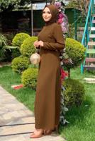 Tesettür giyim TABA İNCİ DETAYLI DİK YAKA ABİYE ELBİSE T 8073