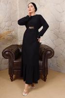 Tesettür giyim SİYAH ZİNCİR KEMERLİ ETEĞİ VOLANLI BÜRÜMCÜK ELBİSE T 8113