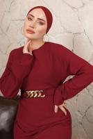 Tesettür giyim KIRMIZI ZİNCİR KEMERLİ ETEĞİ VOLANLI BÜRÜMCÜK ELBİSE T 8113