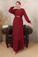Tesettür giyim KIRMIZI ZİNCİR KEMERLİ ETEĞİ VOLANLI BÜRÜMCÜK ELBİSE T 8113