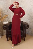 Tesettür giyim KIRMIZI ZİNCİR KEMERLİ ETEĞİ VOLANLI BÜRÜMCÜK ELBİSE T 8113