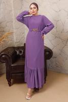 Tesettür giyim MOR ZİNCİR KEMERLİ ETEĞİ VOLANLI BÜRÜMCÜK ELBİSE T 8113