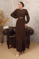 Tesettür giyim KAHVE ZİNCİR KEMERLİ ETEĞİ VOLANLI BÜRÜMCÜK ELBİSE T 8113