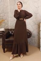 Tesettür giyim KAHVE ZİNCİR KEMERLİ ETEĞİ VOLANLI BÜRÜMCÜK ELBİSE T 8113