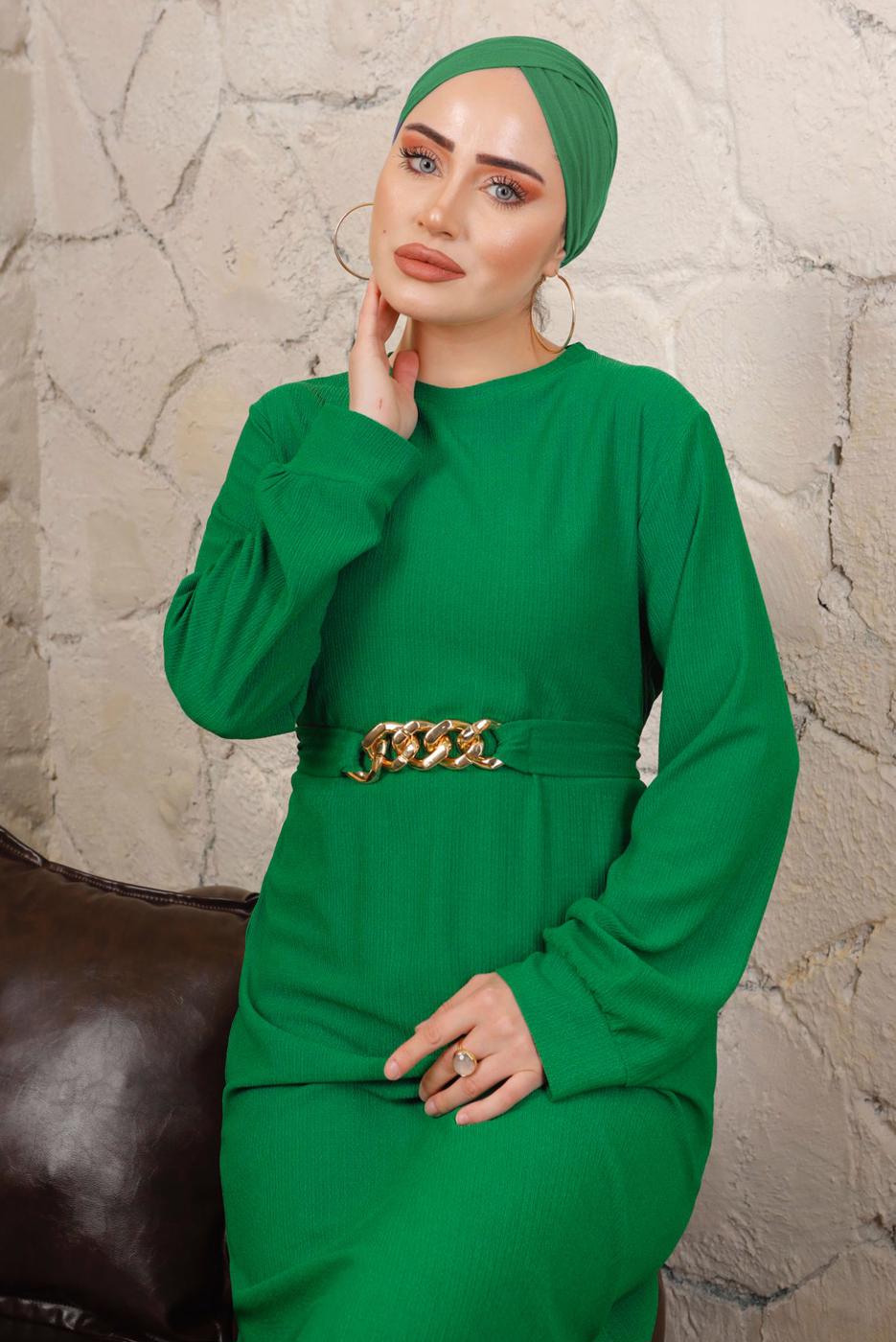 Tesettür giyim YEŞİL ZİNCİR KEMERLİ ETEĞİ VOLANLI BÜRÜMCÜK ELBİSE T 8113