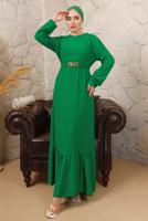 Tesettür giyim YEŞİL ZİNCİR KEMERLİ ETEĞİ VOLANLI BÜRÜMCÜK ELBİSE T 8113