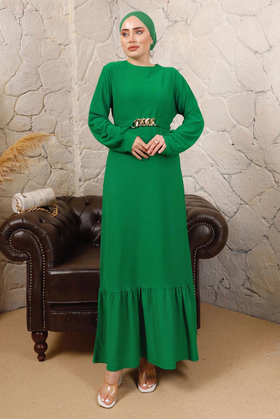 Tesettür giyim YEŞİL ZİNCİR KEMERLİ ETEĞİ VOLANLI BÜRÜMCÜK ELBİSE T 8113