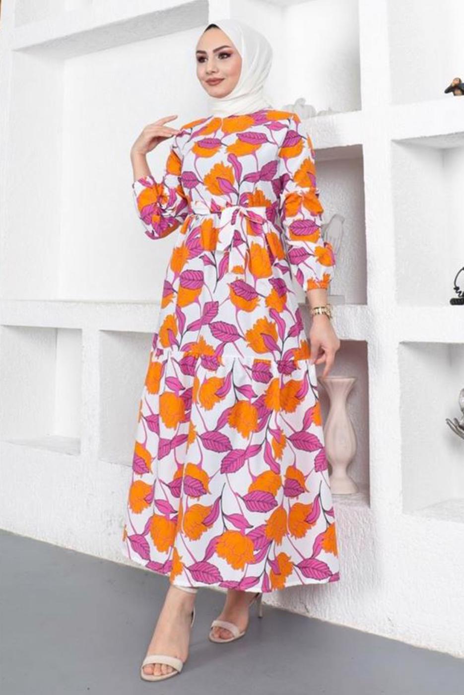 Tesettür giyim TURUNCU ÇİÇEK DESENLİ KUŞAKLI ELBİSE T 834